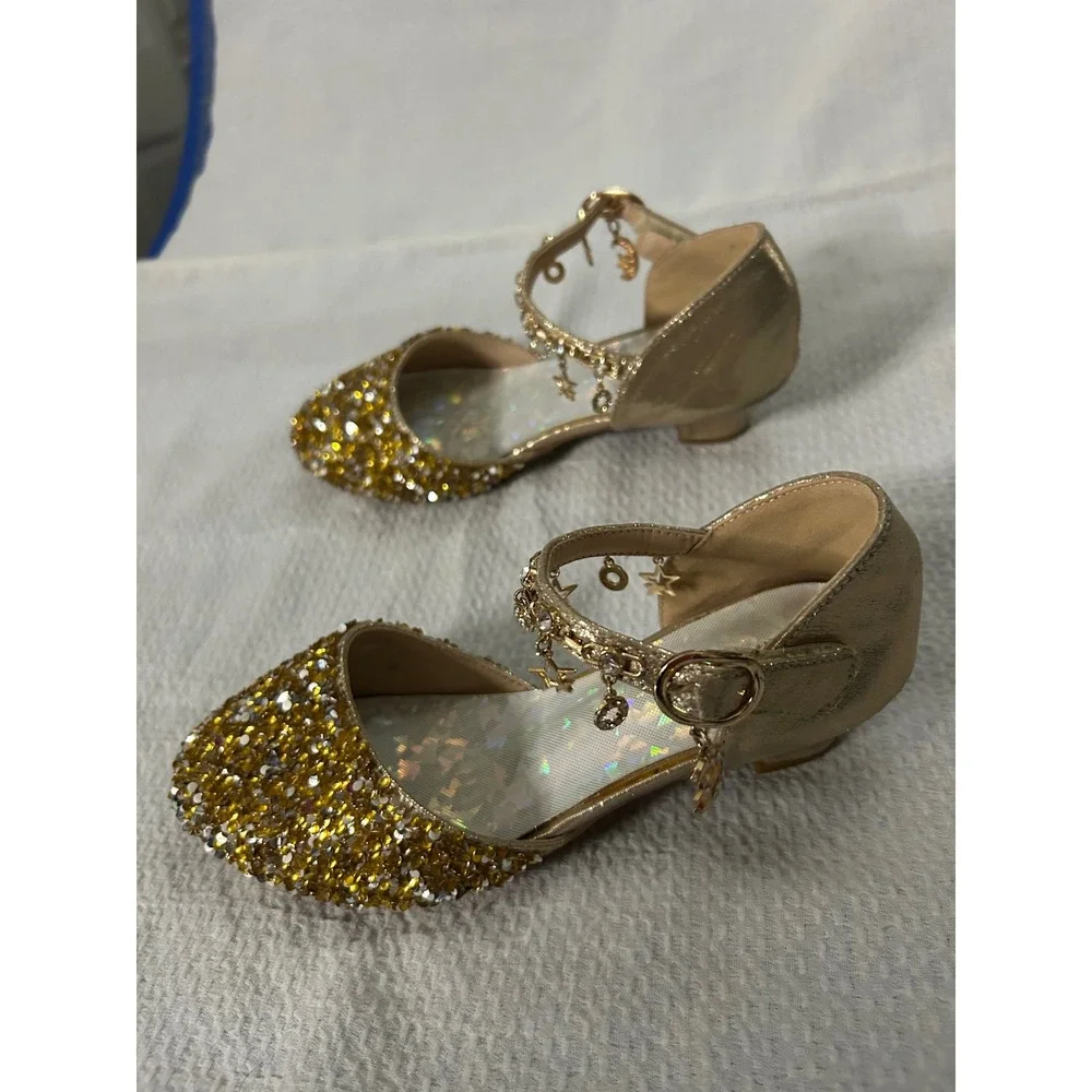 Girls Gold Fairytail Princess Sequin Star Charm Shoes Kitten Heel Pageant Sz3